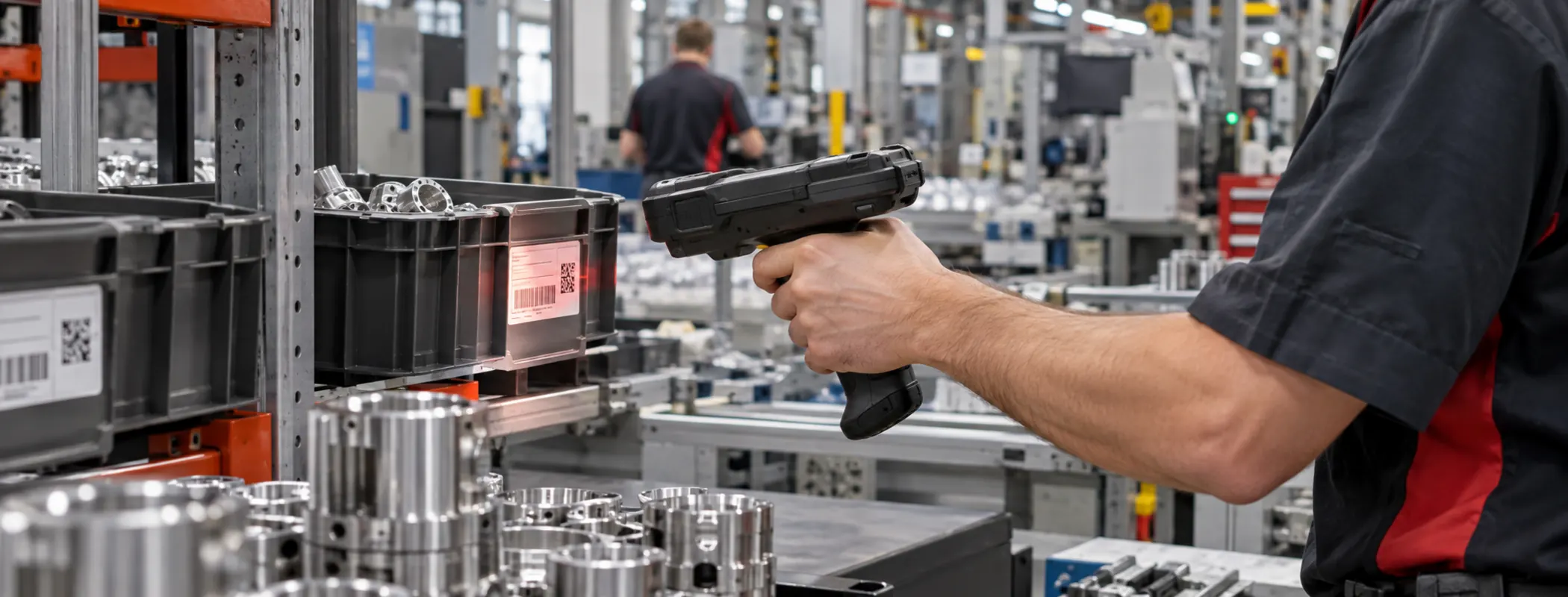 Medewerker scant met een handscanner de barcode op een kratje met onderdelen in een productieomgeving