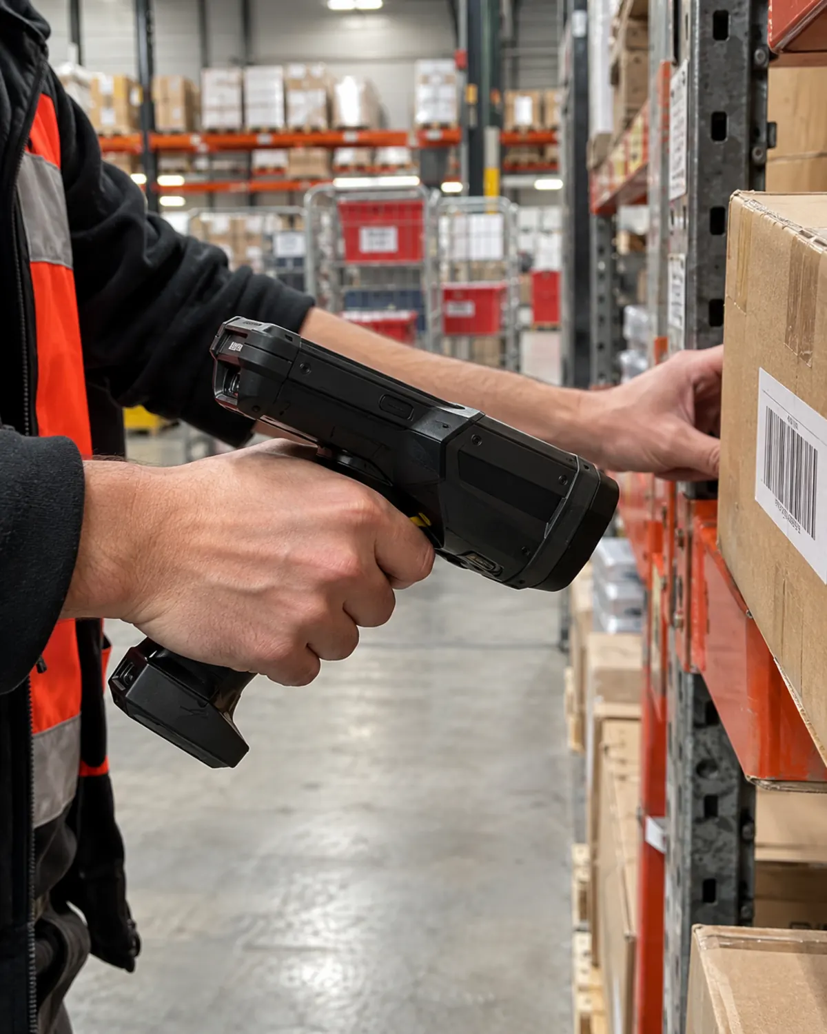 Magazijnmedewerker in hesje scant met een handscanner de barcode op een doos in een stelling